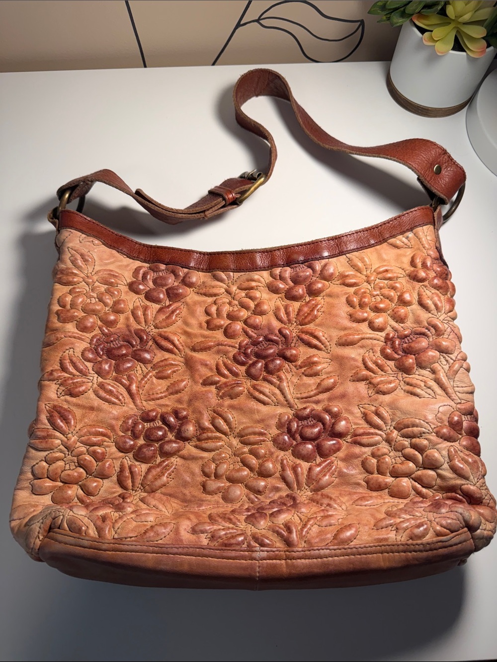 Embossed Floral Leather Crossbody Bag - Brown/Tan